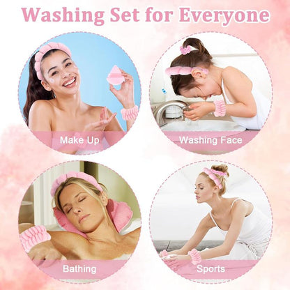 7Pcs Puffy Spa Headband and Wristband Set Skincare Headband for Washing Face Scrunchies Powder Puffs Sponge Spa Makeup Headband Puffy Headband Terry Cloth Headband for Mask Makeup Removal-Pink