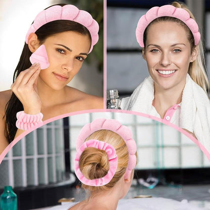 7Pcs Puffy Spa Headband and Wristband Set Skincare Headband for Washing Face Scrunchies Powder Puffs Sponge Spa Makeup Headband Puffy Headband Terry Cloth Headband for Mask Makeup Removal-Pink