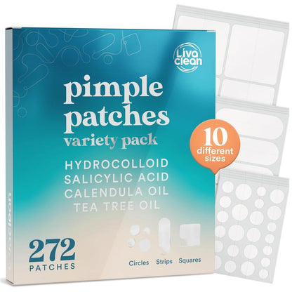 Livaclean 272 CT Pimple Patches Variety Pack W/ Tea Tree Oil, Salicylic Acid & Calendula Oil - Large Blemish Patches for Face Acne Patches Large, Hydrocolloid Patches Skincare Clear Zit Matte Skin Repair
