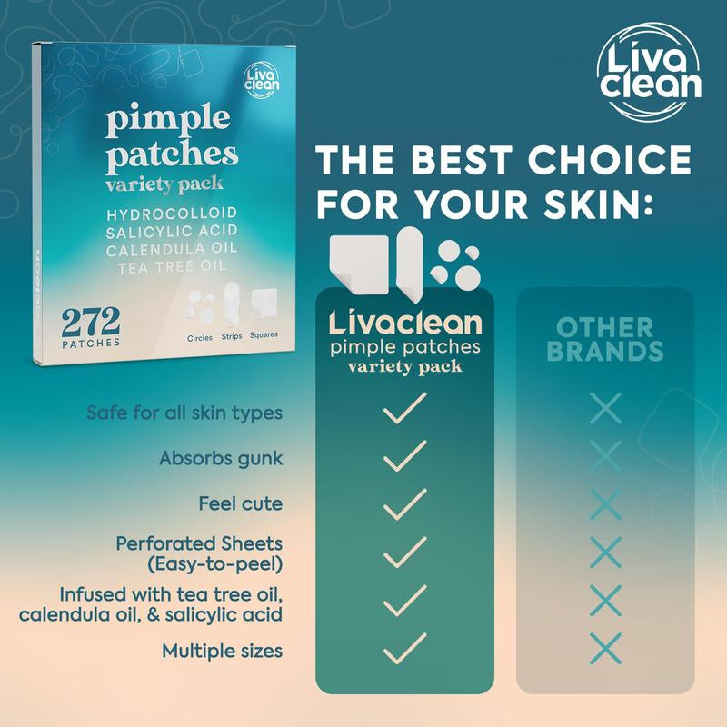 Livaclean 272 CT Pimple Patches Variety Pack W/ Tea Tree Oil, Salicylic Acid & Calendula Oil - Large Blemish Patches for Face Acne Patches Large, Hydrocolloid Patches Skincare Clear Zit Matte Skin Repair