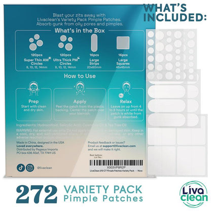 Livaclean 272 CT Pimple Patches Variety Pack W/ Tea Tree Oil, Salicylic Acid & Calendula Oil - Large Blemish Patches for Face Acne Patches Large, Hydrocolloid Patches Skincare Clear Zit Matte Skin Repair