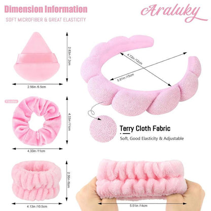 7Pcs Puffy Spa Headband and Wristband Set Skincare Headband for Washing Face Scrunchies Powder Puffs Sponge Spa Makeup Headband Puffy Headband Terry Cloth Headband for Mask Makeup Removal-Pink