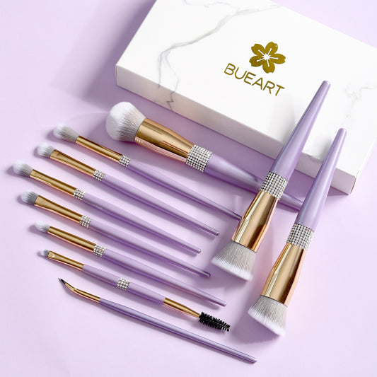 10 Lilac Purple Makeup Brush Set with Diamond