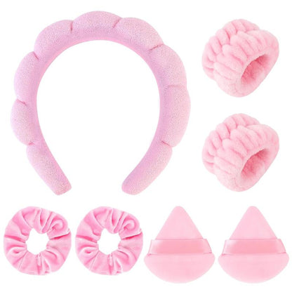 7Pcs Puffy Spa Headband and Wristband Set Skincare Headband for Washing Face Scrunchies Powder Puffs Sponge Spa Makeup Headband Puffy Headband Terry Cloth Headband for Mask Makeup Removal-Pink