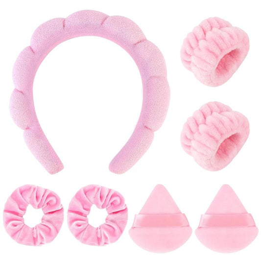7Pcs Puffy Spa Headband and Wristband Set Skincare Headband for Washing Face Scrunchies Powder Puffs Sponge Spa Makeup Headband Puffy Headband Terry Cloth Headband for Mask Makeup Removal-Pink