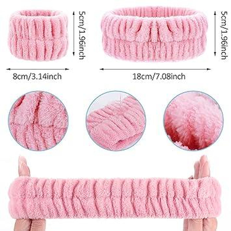 Spa Headband Wrist Washband Face Wash Set Facial Makeup Hair Band Microfiber Shower Head Wraps Adjustable Wrist Wash Bands Prevent Liquid from Arms Spilling for Women Girls (Pink)