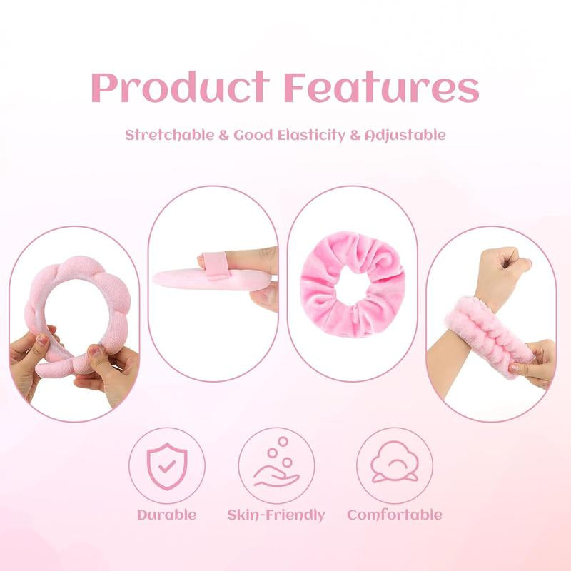 7Pcs Puffy Spa Headband and Wristband Set Skincare Headband for Washing Face Scrunchies Powder Puffs Sponge Spa Makeup Headband Puffy Headband Terry Cloth Headband for Mask Makeup Removal-Pink