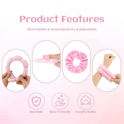 7Pcs Puffy Spa Headband and Wristband Set Skincare Headband for Washing Face Scrunchies Powder Puffs Sponge Spa Makeup Headband Puffy Headband Terry Cloth Headband for Mask Makeup Removal-Pink