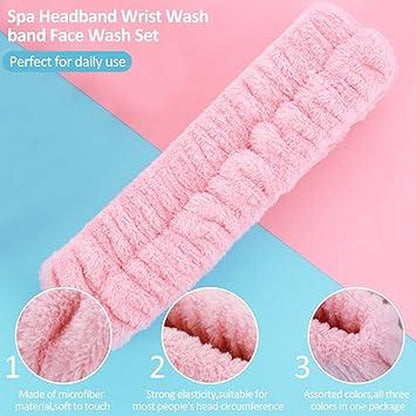 Spa Headband Wrist Washband Face Wash Set Facial Makeup Hair Band Microfiber Shower Head Wraps Adjustable Wrist Wash Bands Prevent Liquid from Arms Spilling for Women Girls (Pink)