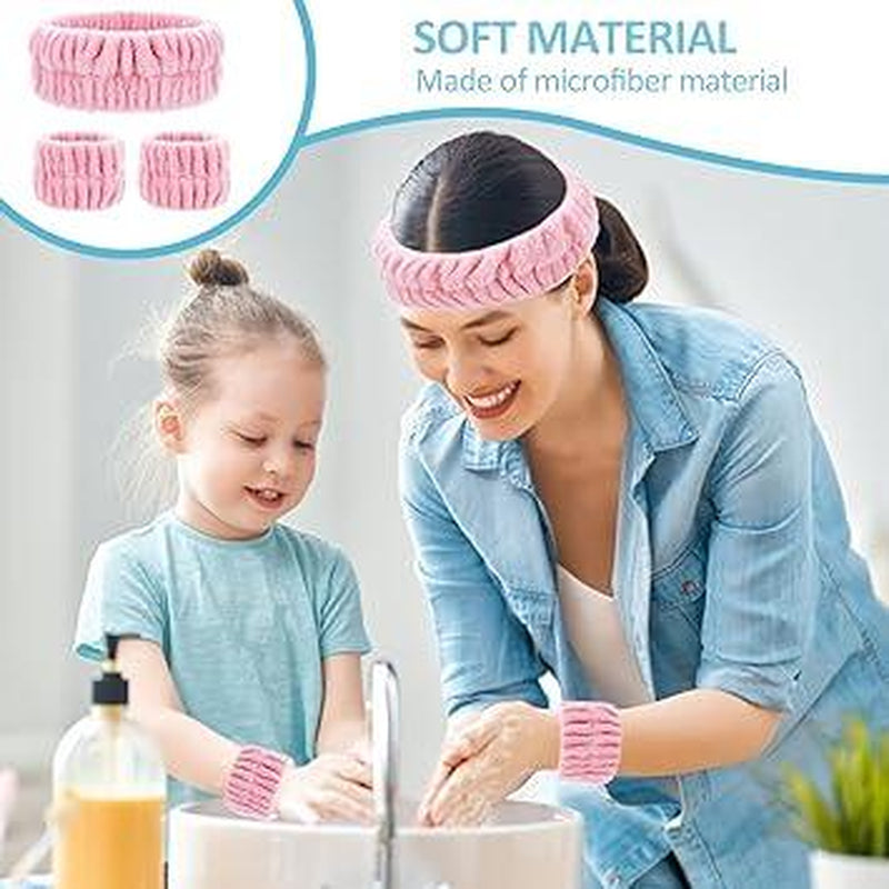 Spa Headband Wrist Washband Face Wash Set Facial Makeup Hair Band Microfiber Shower Head Wraps Adjustable Wrist Wash Bands Prevent Liquid from Arms Spilling for Women Girls (Pink)