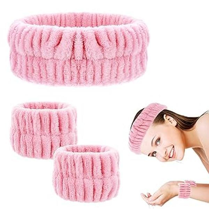 Spa Headband Wrist Washband Face Wash Set Facial Makeup Hair Band Microfiber Shower Head Wraps Adjustable Wrist Wash Bands Prevent Liquid from Arms Spilling for Women Girls (Pink)