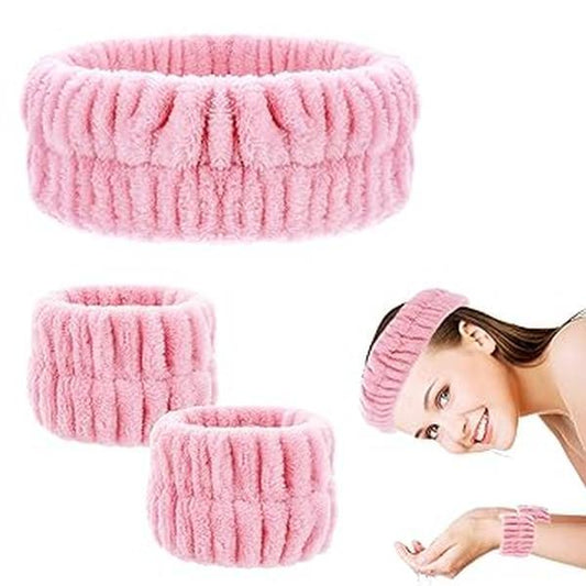Spa Headband Wrist Washband Face Wash Set Facial Makeup Hair Band Microfiber Shower Head Wraps Adjustable Wrist Wash Bands Prevent Liquid from Arms Spilling for Women Girls (Pink)